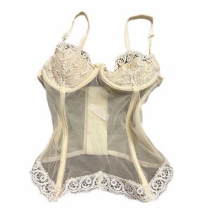 90s French Vintage Valège Lace Sheer Embroidered Corset Bustier Cream/White XS/S